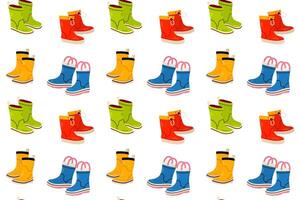 Seamless pattern of various Multicolored rubber boots different color and shape. Rainy weather Shoes vector