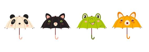 Various kids umbrella set. Open, folded, and closed umbrellas. illustrations set. Parasols for rainy weather. Rain protection vector