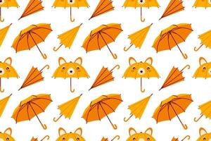 Kids Seamless pattern of various umbrellas. Open, folded, and closed umbrellas. Various positions. Parasols for rainy weather. Rain protection accessories. vector