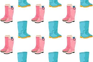 Seamless pattern of various Pink and blue rubber boots different color and shape. Rainy weather Shoes vector