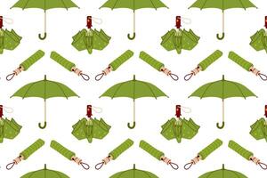 Green Seamless pattern of various umbrellas. Open, folded, and closed umbrellas. Various positions. Parasols for rainy weather. Rain protection accessories. vector