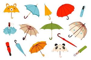 Various umbrella collection. Open, folded, and closed umbrellas. Illustrations set. Parasols for rainy weather. Rain protection accessories. vector