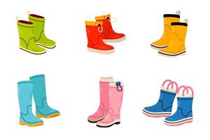 Various collection of Rubber boots isolated on white background. Flat illustration in cartoon style. vector