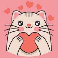 Cute cat holds heart in paws. Valentines day background vector