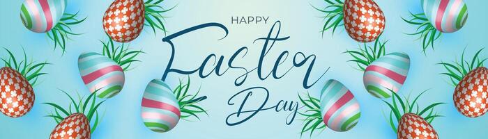 elegante Pascua de Resurrección bandera con decorativo huevos y tropical hojas en pastel fondo, festivo primavera celebracion diseño vector