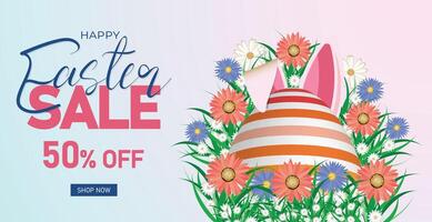 Happy Easter Sale 50 percent Off with Easter Bunny and Colorful Eggs in a Spring Design vector