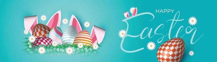 bright easter background with decorated eggs, bunny ears, and grass on turquoise gradient, festive spring holiday vector