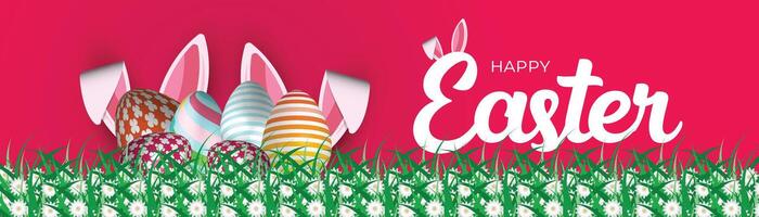 easter banner with colorful eggs and bunny ears on vibrant pink background, festive spring holiday celebration design vector