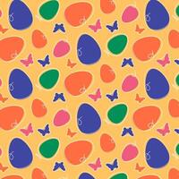 Bright pattern with Easter butterflies and eggs on a yellow background. vector