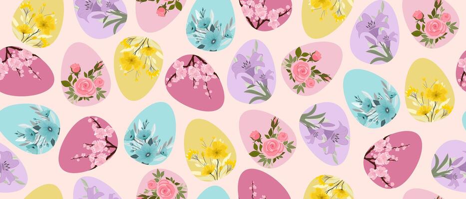 Happy Easter. Easter eggs with abstract hand drawn flowers, seamless background.