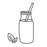 Smoothie or Detox Cocktail in the bottle with straw. Healthy Drink illustration in Doodle style isolated on a background. Black and white outline drawing. Ideal for beverage branding vector