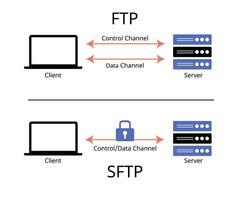 The Difference Between FTPS vs SFTP or Secure File Transfer Protocol of Data transferring vector