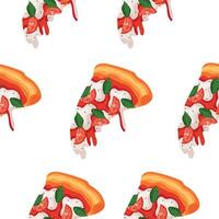 seamless pattern with hasthood, namely a slice of pizza with mozzarella, tomatoes and tomato sauce on a white background vector