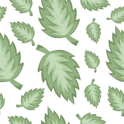 seamless spring pattern with ragged green leaves on a white background arranged randomly, for packaging or textile
