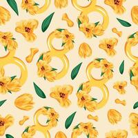 seamless pattern with yellow figures of eight with tulip design and yellow tulip buds arranged randomly on a yellow background for the eighth of March holiday vector