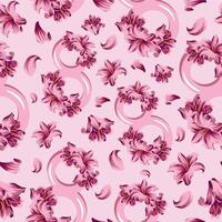 seamless pattern with pink figures of eight with lily design and pink lily buds arranged randomly on a pink bakground for the eighth of March holiday vector
