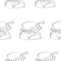 seamless pattern with fast food, namely hamburger with vegetables and meat drawn in line art style, for food or textile packaging vector