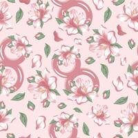 seamless pattern with pink figures of eight with magnolia design and pink magnolia buds arranged randomly on a pink background for the eighth of March holiday vector