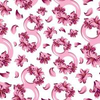 seamless pattern with pink figures of eight with lily design and pink lily buds arranged randomly for the eighth of March holiday vector
