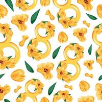 seamless pattern with yellow figures of eight with tulip design and yellow tulip buds arranged randomly for the eighth of March holiday vector