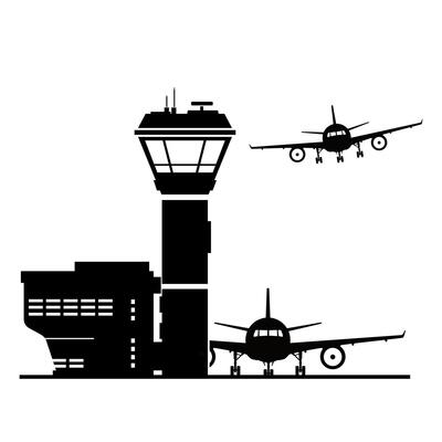 Airport icon with control tower terminal building and aircraft landing and taking off - Black Silhouette illustration Icon