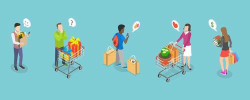 3D Isometric Flat Conceptual Illustration of Set of Buyers with Shopping Attributes vector