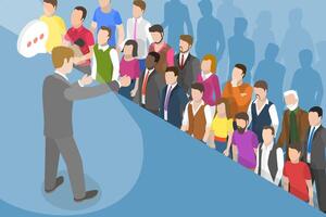 3D Isometric Flat Conceptual Illustration of Speech In Front Of Crowd vector
