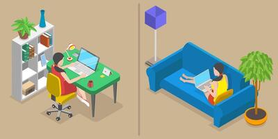 3D Isometric Flat Conceptual Illustration of Working From Home Vs. Office. vector