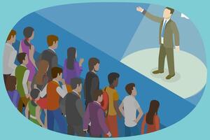 3D Isometric Flat Conceptual Illustration of Giving A Speech On Stage. vector