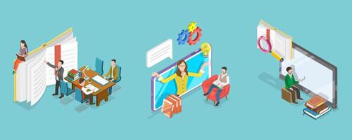 3D Isometric Flat Conceptual Illustration of E-learning vector