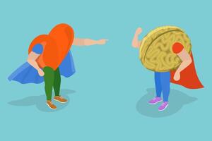 3D Isometric Flat Conceptual Illustration of Heart vs Brain vector