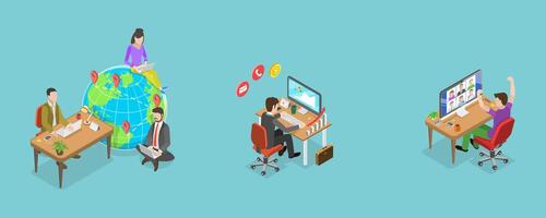 3D Isometric Flat Conceptual Illustration of Remote Work And Outsourcing vector