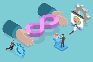 3D Isometric Flat Conceptual Illustration of Devops Development and Operations vector