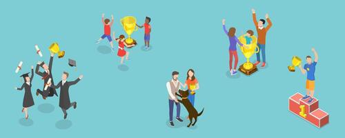 3D Isometric Flat Conceptual Illustration of Set of Winners with Trophies vector