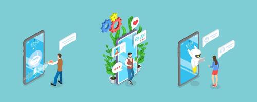 3D Isometric Flat Conceptual Illustration of AI Chatbot Software vector