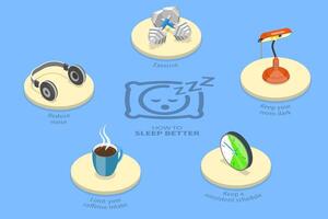 3D Isometric Flat Conceptual Illustration of How To Sleep Better. vector