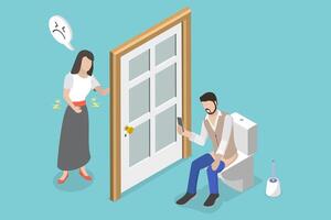 3D Isometric Flat Conceptual Illustration of Toilet Sitting with Smartphone vector