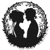 A silhouette of a bride and groom in a wreath vector