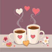 Two cups of coffee with hearts and flowers on a table vector