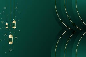 Elegant geometric Islamic background with lantern, circle shape and sparkling stars in luxury dark green color. Modish Ramadan kareem background, eid mubarak festival concept. vector