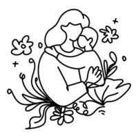 Line art illustration of a mother hugging her child, representing the love and warmth of family. Perfect for Mother's Day cards vector