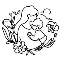 graphic of a mother hugging her child, surrounded by floral elements. Perfect for Mother's Day cards, social media post vector