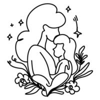 Simple line art illustration of a mother and child embracing, symbolizing the tender bond between parent and child. Perfect for Mother's Day cards, family-themed designs, and educational materials vector