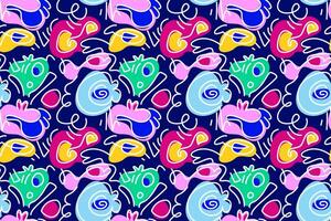 Seamless pattern with playful, abstract shapes and vibrant colors, reminiscent of children's art and imaginative doodles. Perfect for kids' products, textiles vector