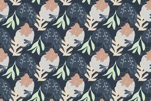 Seamless pattern with delicate line art flowers, leaves, and abstract shapes in soft blush and blue tones on a dark background vector