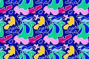 Seamless pattern featuring playful doodles and abstract shapes in a vibrant color palette vector