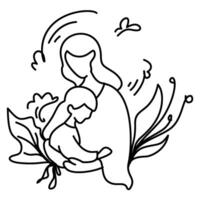 Line art illustration of a mother hugging her child, symbolizing love, affection, and the bond between mother and child. Perfect for Mother's Day cards, social media posts vector