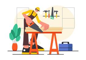 Carpentry Workshop Illustration with Wood Crafting and Timber Work in a Flat Style vector