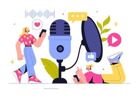 Talk Show Podcast Illustration of Two People Engaging in a Conversation with Audio Equipment vector