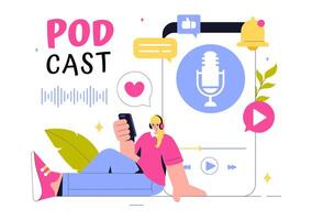 Online Podcast Studio Illustration with a Host Interviewing a Guest Using Microphones vector